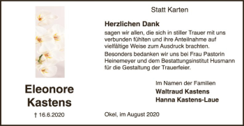 Traueranzeige von Eleonore Kastens von SYK