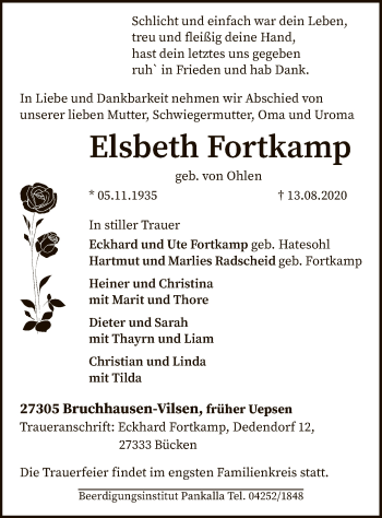 Traueranzeige von Elsbeth Fortkamp von SYK