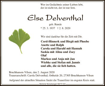 Traueranzeige von Else Deiventhal von SYK