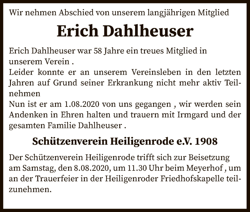  Traueranzeige für Erich Dahlheuser vom 07.08.2020 aus SYK