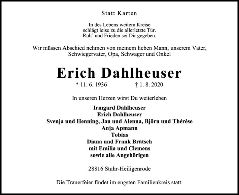  Traueranzeige für Erich Dahlheuser vom 05.08.2020 aus SYK
