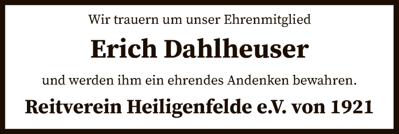  Traueranzeige für Erich Dahlheuser vom 06.08.2020 aus SYK