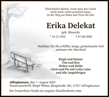 Traueranzeige von Erika Delekat von SYK