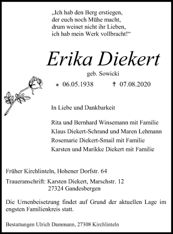 Traueranzeige von Erika Diekert von SYK