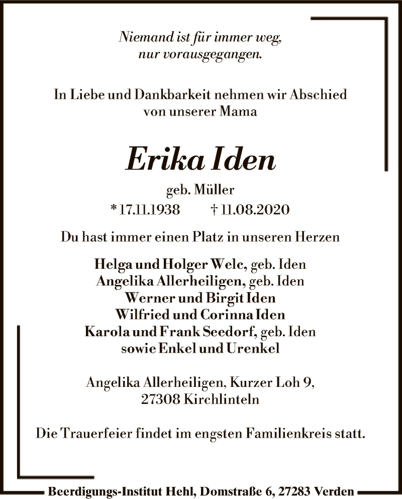  Traueranzeige für Erika Iden vom 15.08.2020 aus SYK