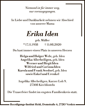 Traueranzeige von Erika Iden von SYK