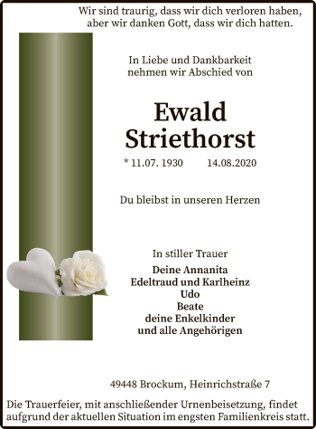 Traueranzeige von Ewald Striethorst von SYK