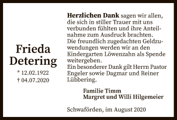 Traueranzeige von Frieda Detering von SYK