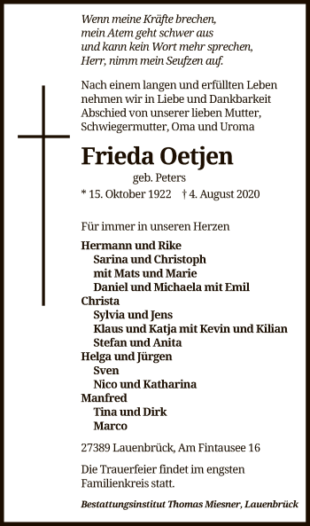 Traueranzeige von Frieda Oetjen von SYK