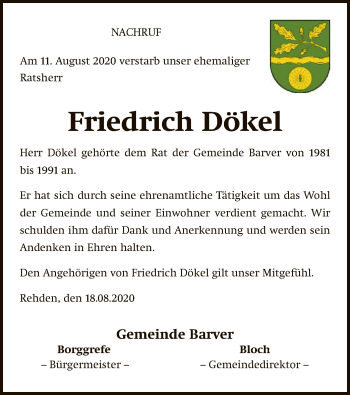 Traueranzeige von Friedrich Dökel von SYK