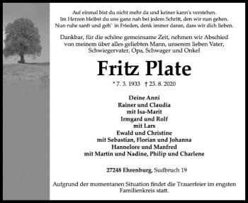 Traueranzeige von Fritz Plate von SYK