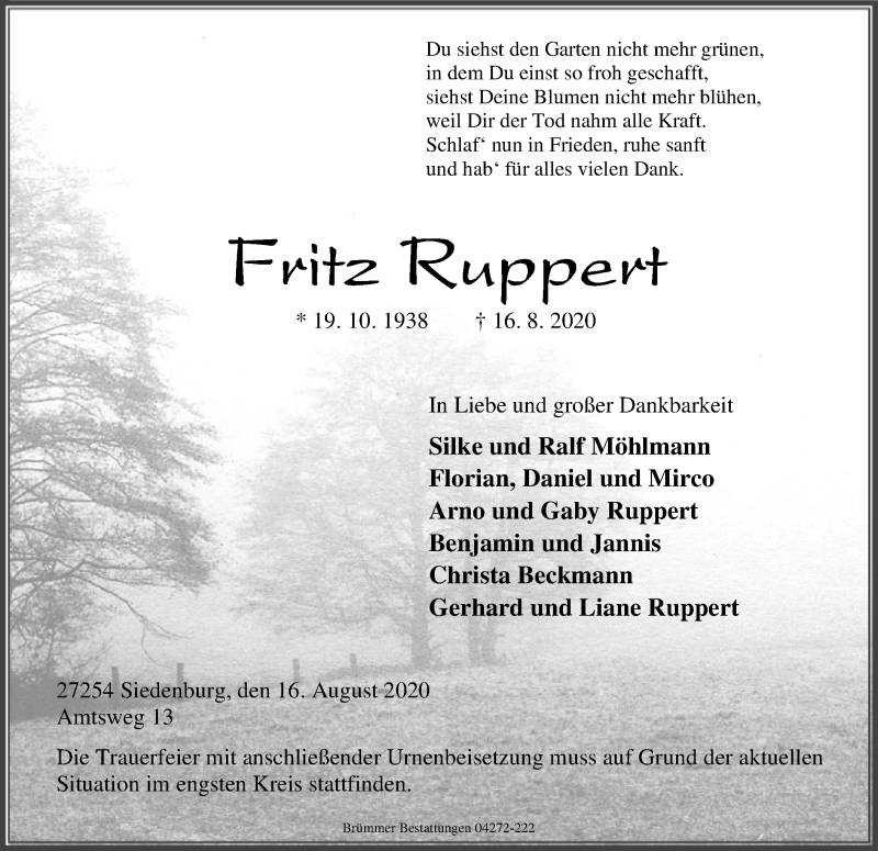  Traueranzeige für Fritz Ruppert vom 20.08.2020 aus SYK