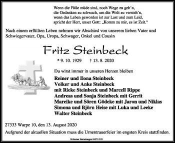 Traueranzeige von Fritz Steinbeck von SYK