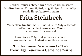 Traueranzeige von Fritz Steinbeck von SYK