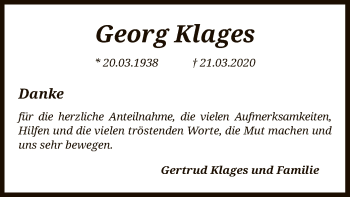 Traueranzeige von Georg Klages von SYK