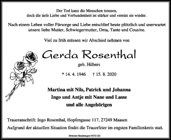 Traueranzeige von Gerda Rosenthal von SYK