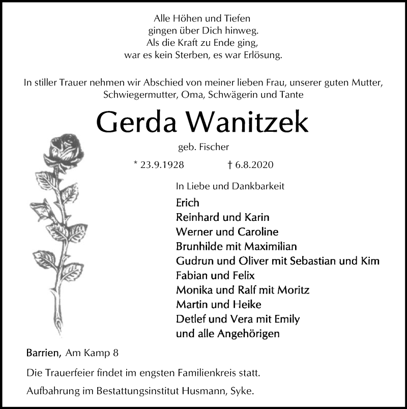  Traueranzeige für Gerda Wanitzek vom 08.08.2020 aus SYK