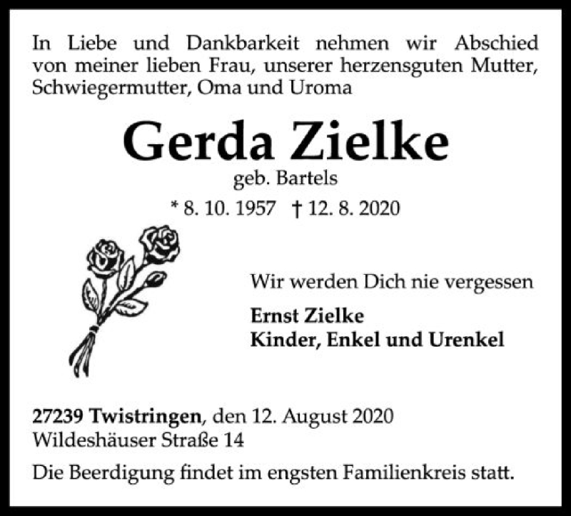  Traueranzeige für Gerda Zielke vom 15.08.2020 aus SYK