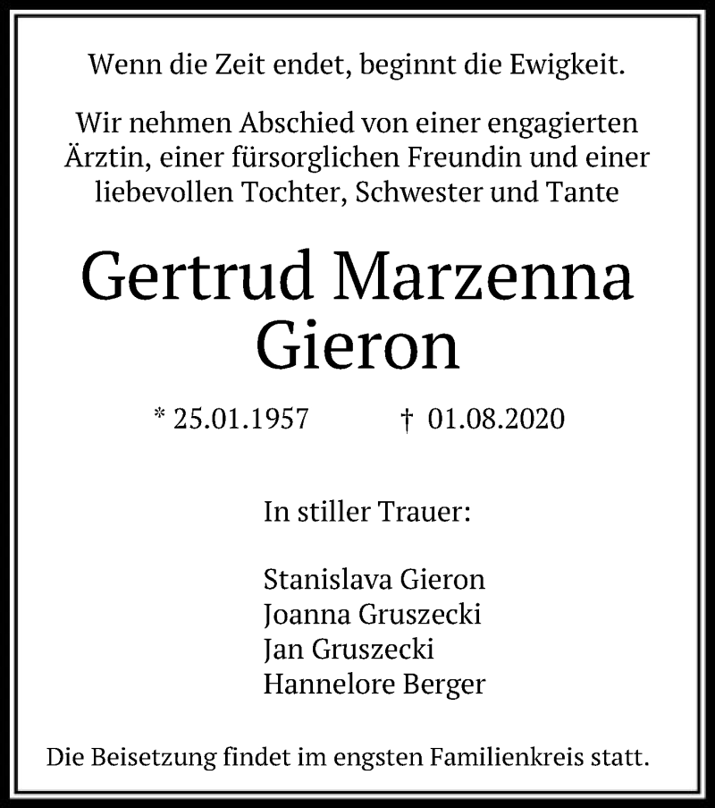  Traueranzeige für Gertrud Marzenna Gieron vom 07.08.2020 aus SYK