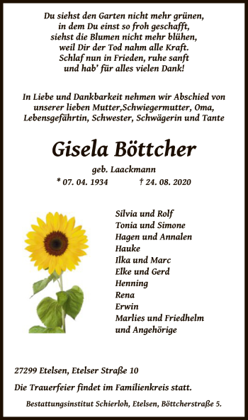 Traueranzeige von Gisela Böttcher von SYK