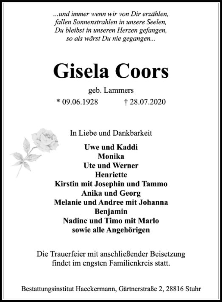  Traueranzeige für Gisela Coors vom 04.08.2020 aus SYK