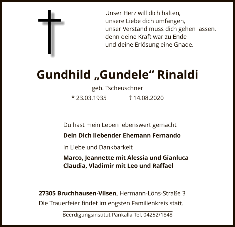  Traueranzeige für Gundhild Rinaldi vom 18.08.2020 aus SYK