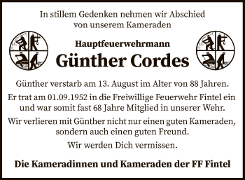 Traueranzeige von Günther Cordes von SYK