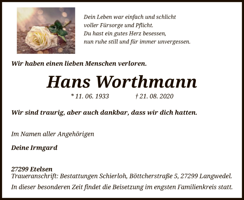  Traueranzeige für Hans Worthmann vom 29.08.2020 aus SYK