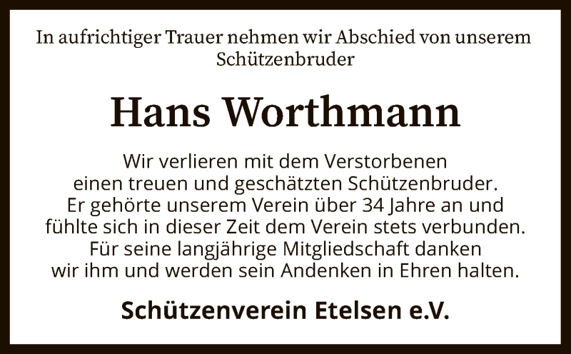  Traueranzeige für Hans Worthmann vom 29.08.2020 aus SYK