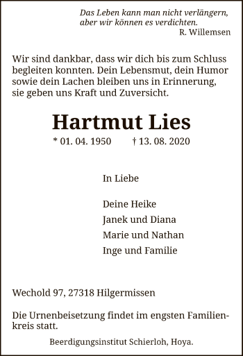 Traueranzeige von Hartmut Lies von SYK