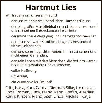 Traueranzeige von Hartmut Lies von SYK