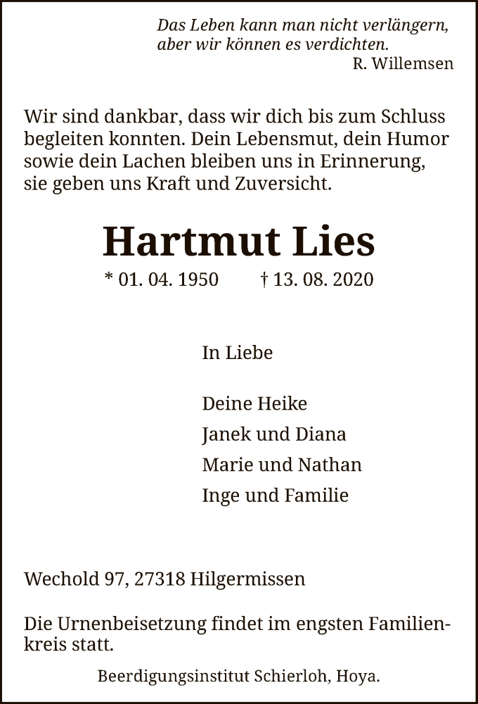  Traueranzeige für Hartmut Lies vom 21.08.2020 aus SYK