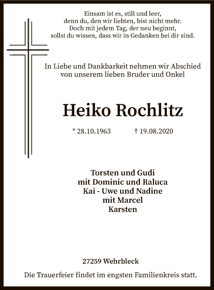  Traueranzeige für Heiko Rochlitz vom 26.08.2020 aus SYK