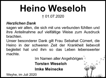 Traueranzeige von Heino Weseloh von SYK