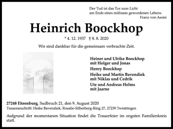 Traueranzeige von Heinrich Boockhop von SYK