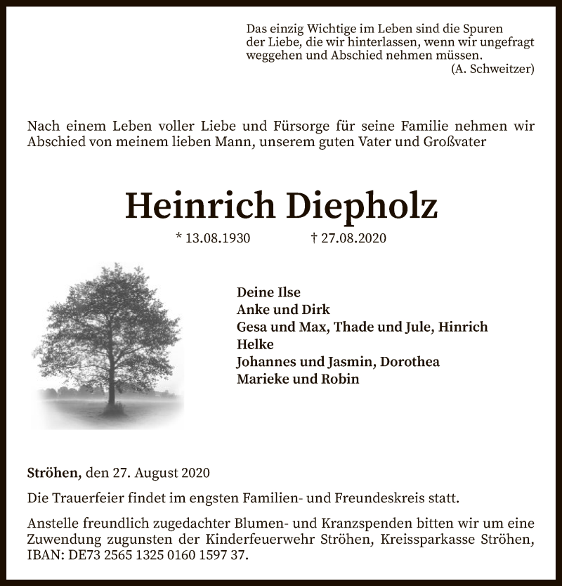  Traueranzeige für Heinrich Diepholz vom 29.08.2020 aus SYK