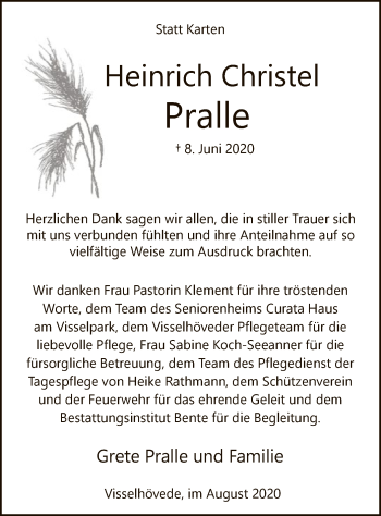 Traueranzeige von Heinrich Christel Pralle von SYK