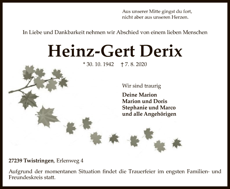  Traueranzeige für Heinz-Gert Derix vom 12.08.2020 aus SYK