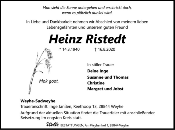 Traueranzeige von Heinz Ristedt von SYK