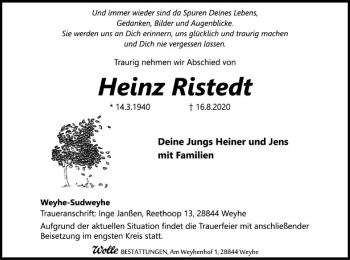 Traueranzeige von Heinz Ristedt von SYK