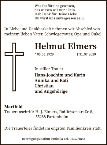 Traueranzeige von Helmut Elmers von SYK