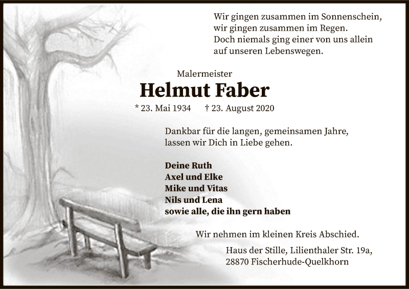  Traueranzeige für Helmut Faber vom 27.08.2020 aus SYK