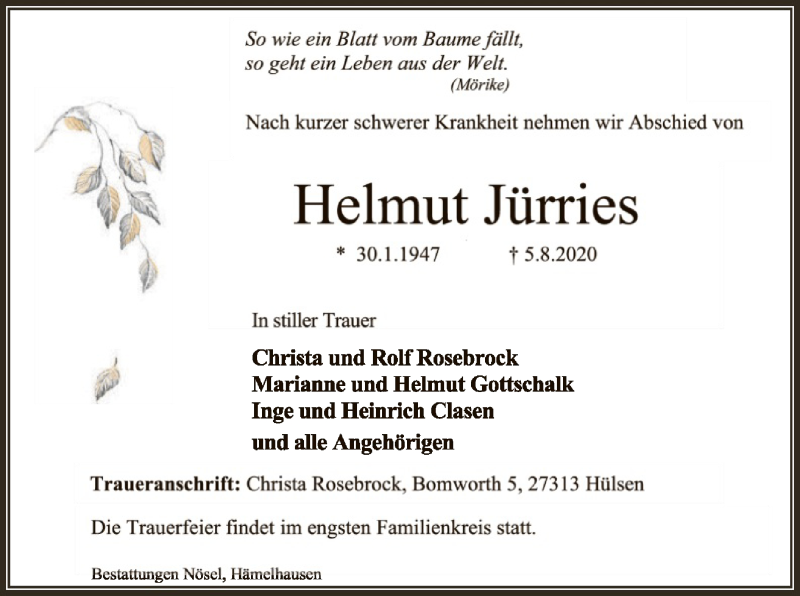  Traueranzeige für Helmut Jürries vom 10.08.2020 aus SYK
