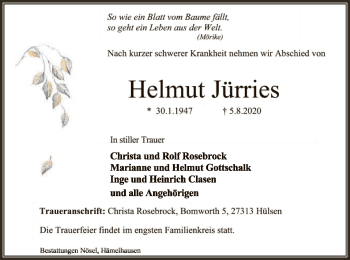 Traueranzeige von Helmut Jürries von SYK