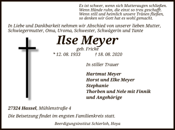 Traueranzeige von Ilse Meyer von SYK