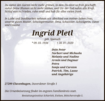 Traueranzeige von Ingrid Pletl von SYK