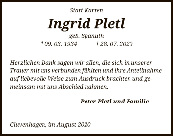 Traueranzeige von Ingrid Pletl von SYK