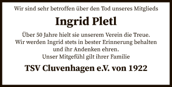 Traueranzeige von Ingrid Pletl von SYK