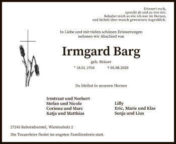 Traueranzeige von Irmgard Barg von SYK