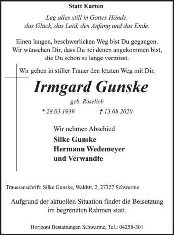 Traueranzeige von Irmgard Gunske von SYK